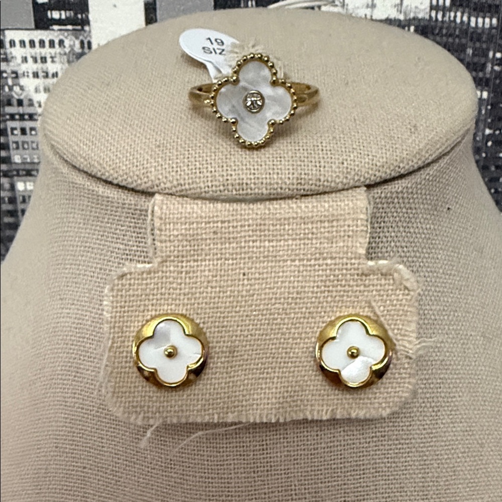 Stainless Steel Gold & White Floral Ring and Stud Earring Set